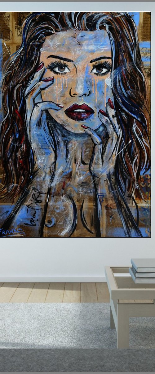 Blue Raven 140cm x 100cm Nude Book Page Urban Pop Art by Franko