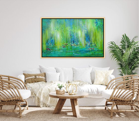 WATER LILY POND. Large Floral Painting, Modern Impressionism