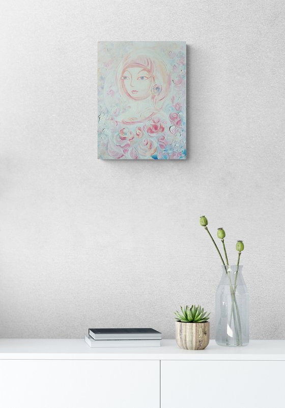 Lady in Roses, female portrait in soft colors, gift for woman