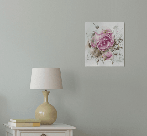 Rosehip. Pink wild rose painting.