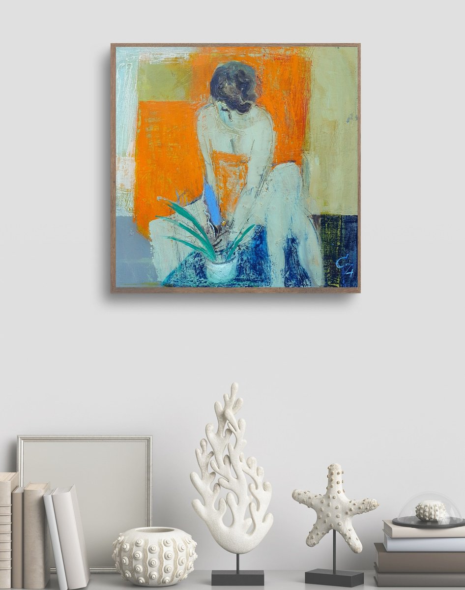 Impressionistic Portrait Oil Painting By Victoria Cozmolici, 16 X 16", Blue Flower, Original Artwork