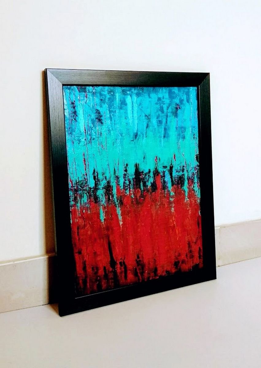 Abstract Painting Red &Turquoise -II (Acrylic painting on canvas board 12x 16) by Asha Shenoy