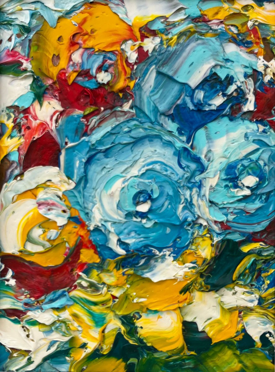 Abstract Botanical Oil Painting By Svitlana Andriichenko, 7 X 9", Dominance Of Light Blue Roses, Original Artwork