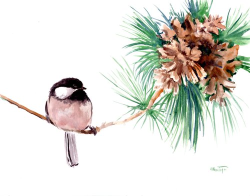 Chickadee on the Pine Tree by Suren Nersisyan