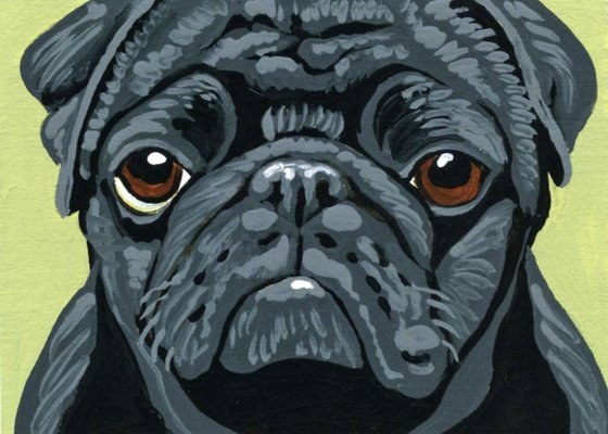 ACEO ATC Original Miniature Painting Black Pug Pet Dog Art-Carla Smale