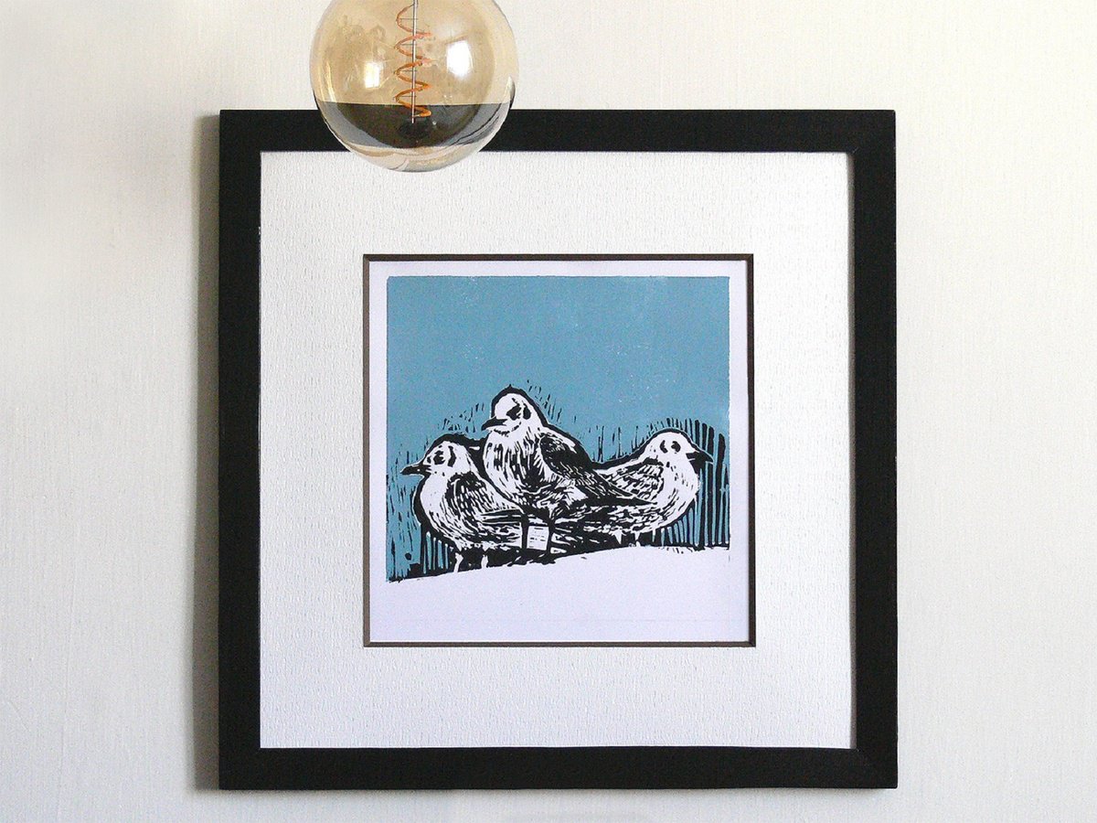 Animal Linocut By Marin Victor, 18 X 18", Seagulls, Linocut, 2023, Original Artwork