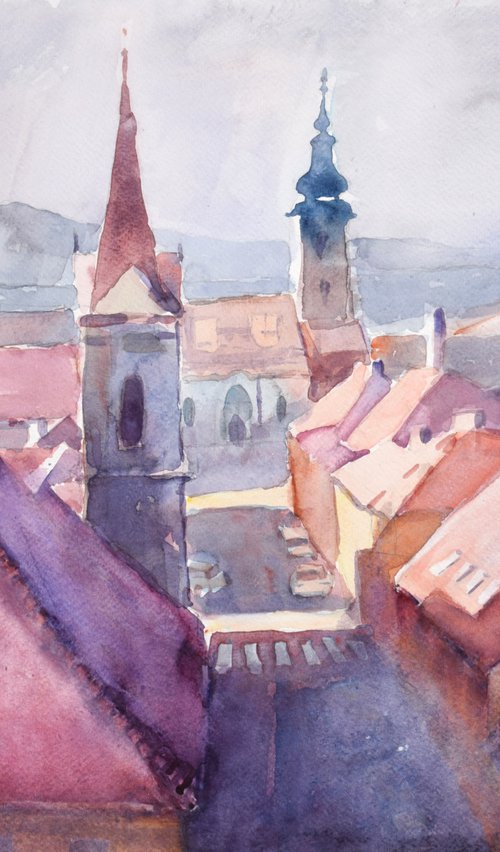 Low sun on the red roofs by Goran Žigolić Watercolors