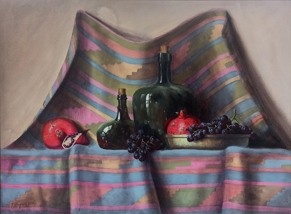 Photorealistic Still Life Oil Painting By Arayik Muradyan, 31 X 24, Still Life With Pomegranates And Grapes, Original Artwork