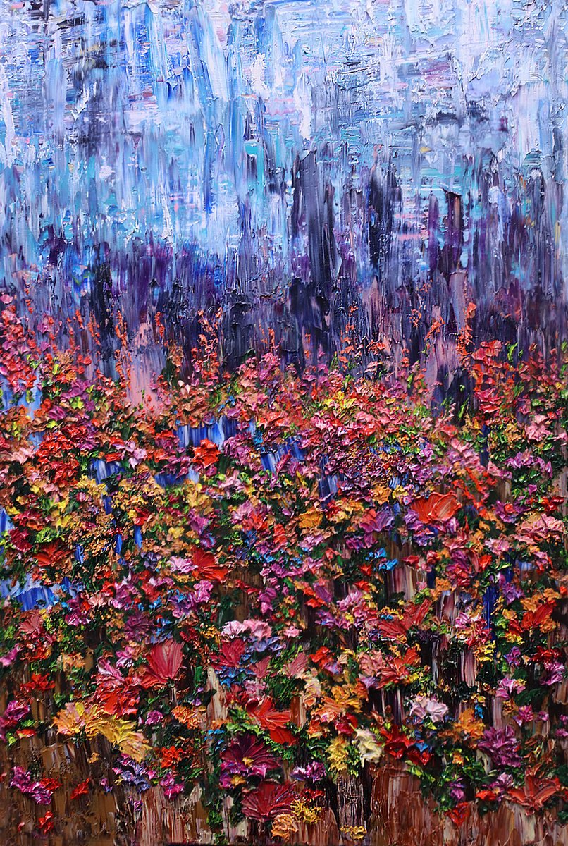 Impressionistic Landscape Oil Painting By Kenneth Halvorsen, 24 X 36", Crocus Meadow, Original Artwork