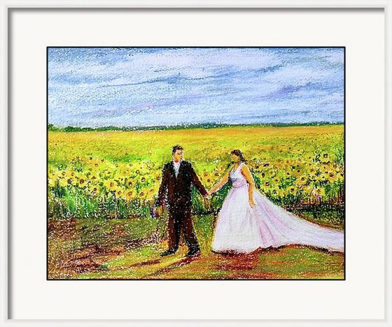 Newlyweds in a romantic Sunflower field