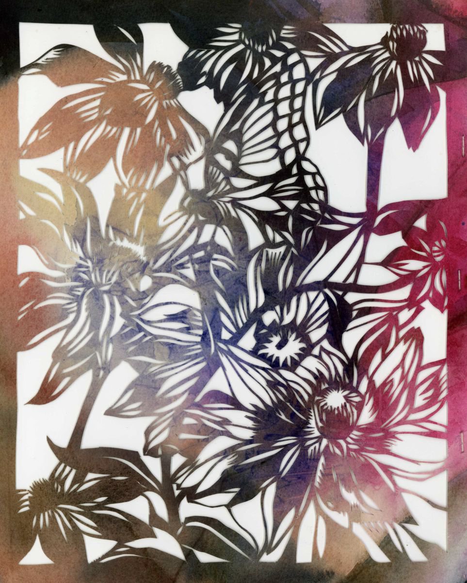 Botanical Watercolour By Alfred Ng, 10 X 12, Butterfly With Rudbeckia Watercolor Paper Cut, Original Artwork