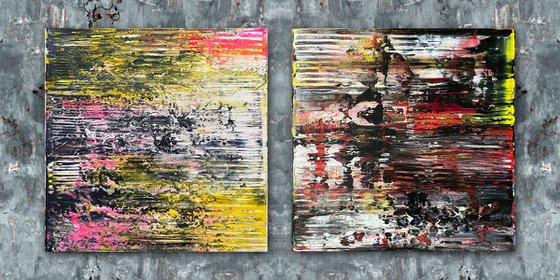 "Cut To The Quick" - Original PMS Abstract Diptych Acrylic Paintings On Canvas - 40" x 20"