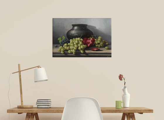 Still life with pitcher and fruits (40x60cm, oil painting, ready to hang)