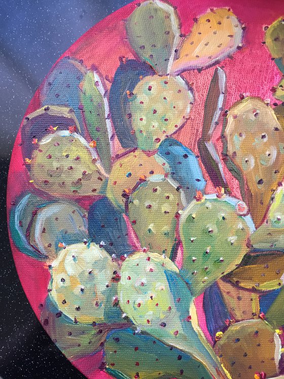 Opuntia cactus. Round bright painting.