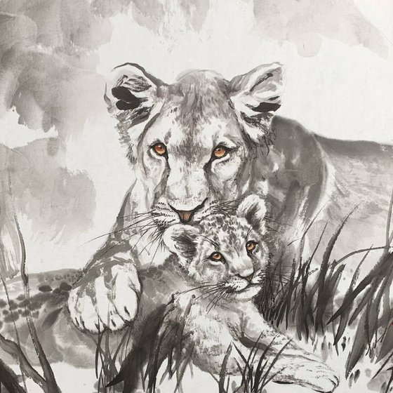 Lion Ink Brush Painting, Original Artwork, Framed