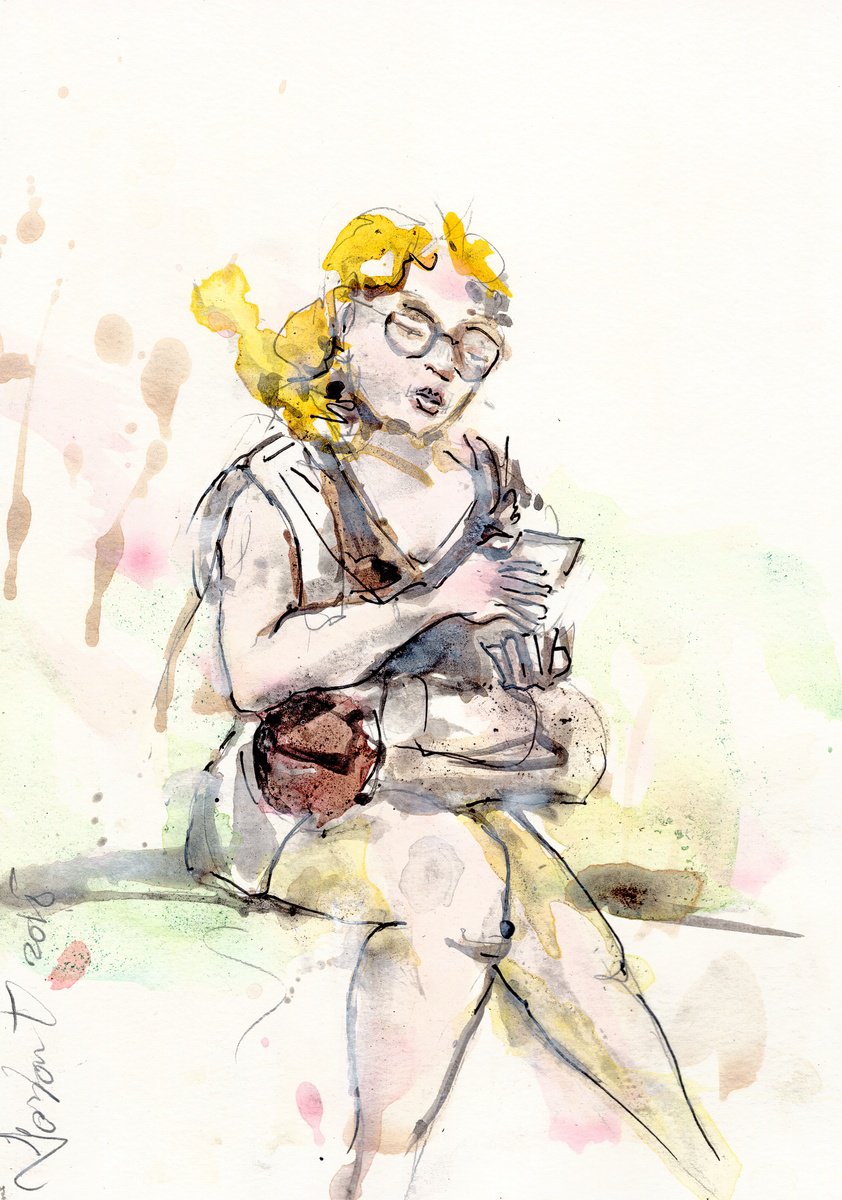 Expressive Portrait Acrylic Painting By Gordon T., 9 X 12, Untitled, Waiting Yellow Hair, Original Artwork