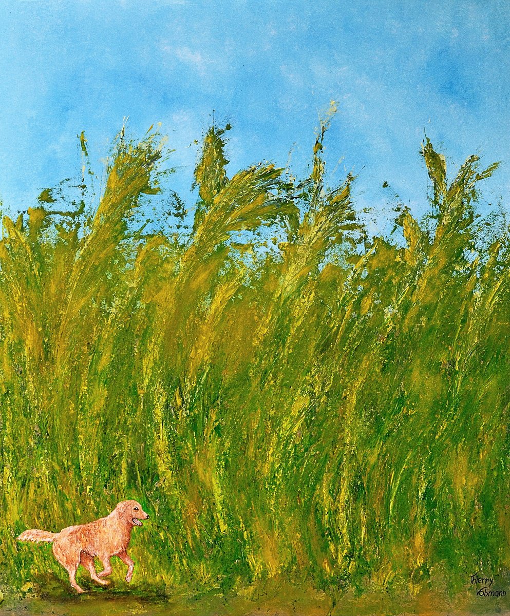 Impressionistic Animal Acrylic Painting By Thierry Vobmann. Abstract ., 30 X 36", Just Happy, Original Artwork