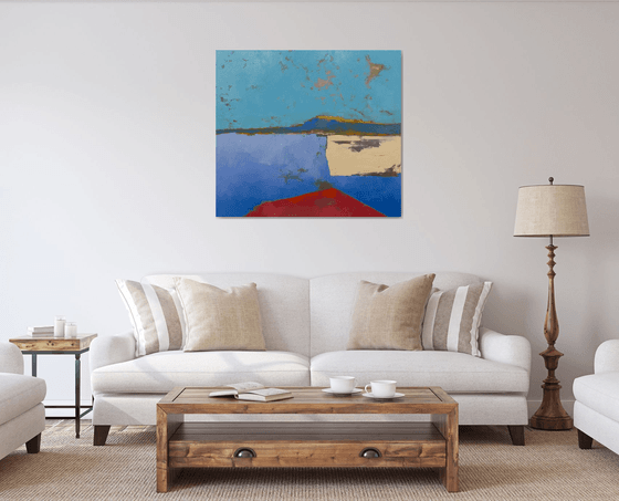 «red flowers by the lake» — contemporary landscape with optimistic and positive energy on stretched canvas