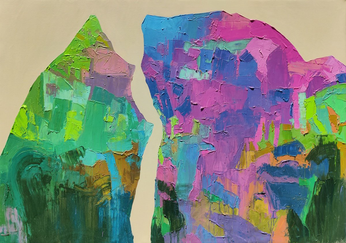 Abstract Acrylic Painting By Abhishek Kumar, 66 X 48, Emerald And Rose Ascension, Original Artwork