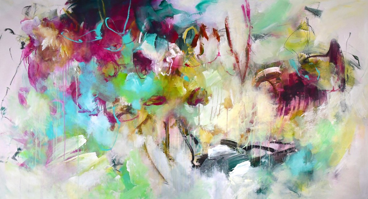 Expressive Abstract Acrylic Painting By Kirsten Handelmann, 83 X 47", Fighting For You, Original Artwork