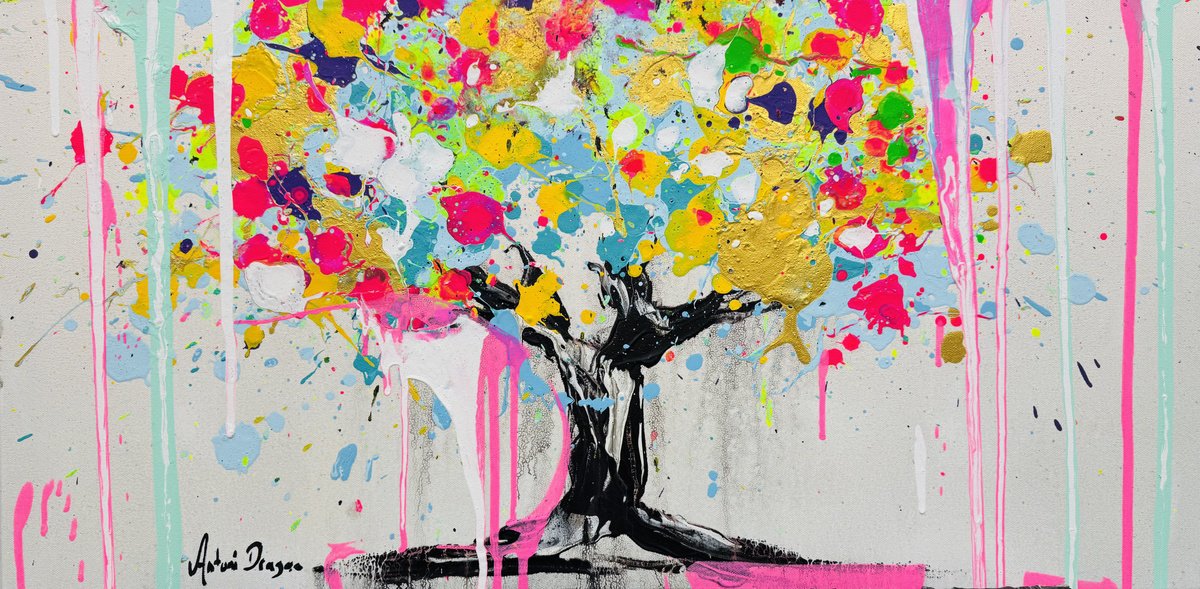 Impressionistic Botanical Acrylic Painting By Antoni Dragan, 31 X 16, Eternal Glow: The Tree Of Life, Original Artwork