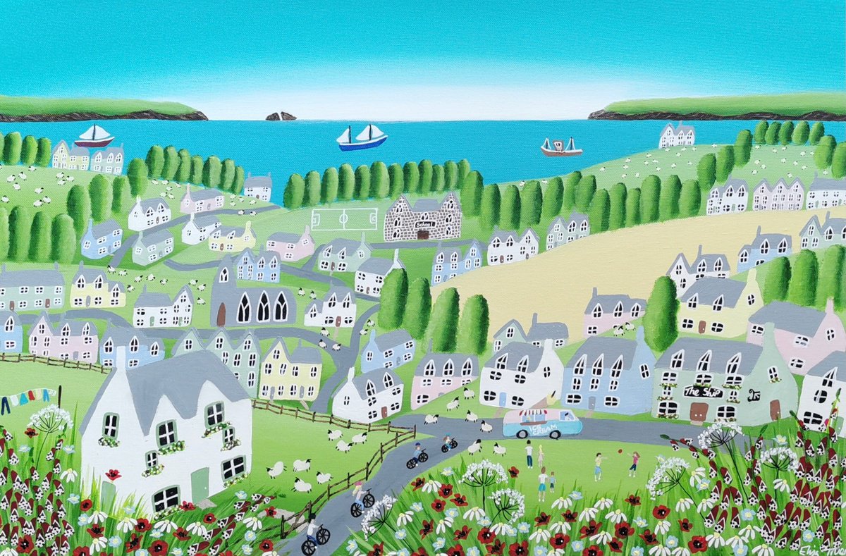 Naive Landscape Acrylic Painting By Elisa Trueman, 30 X 20, Breathing In Summer, Original Artwork