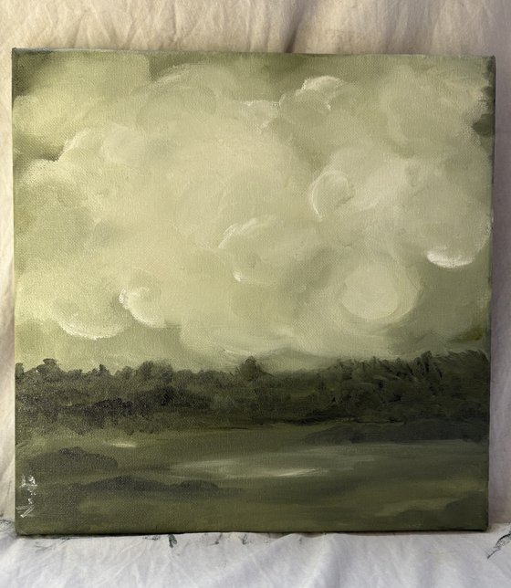 Clouds on the green foreground horizon