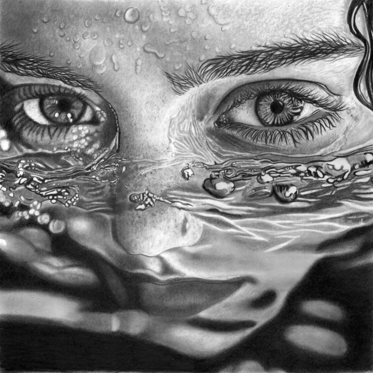 Photorealistic Portrait Pencil Drawing By Paul Stowe, 11 X 11", Submerged B 2025, Original Artwork