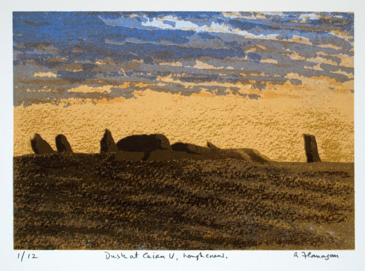 Photorealistic Landscape Screenprint By Aidan Flanagan Irish Landscapes, 14 X 11, Dusk At Cairn V, Loughcrew, Original Artwork