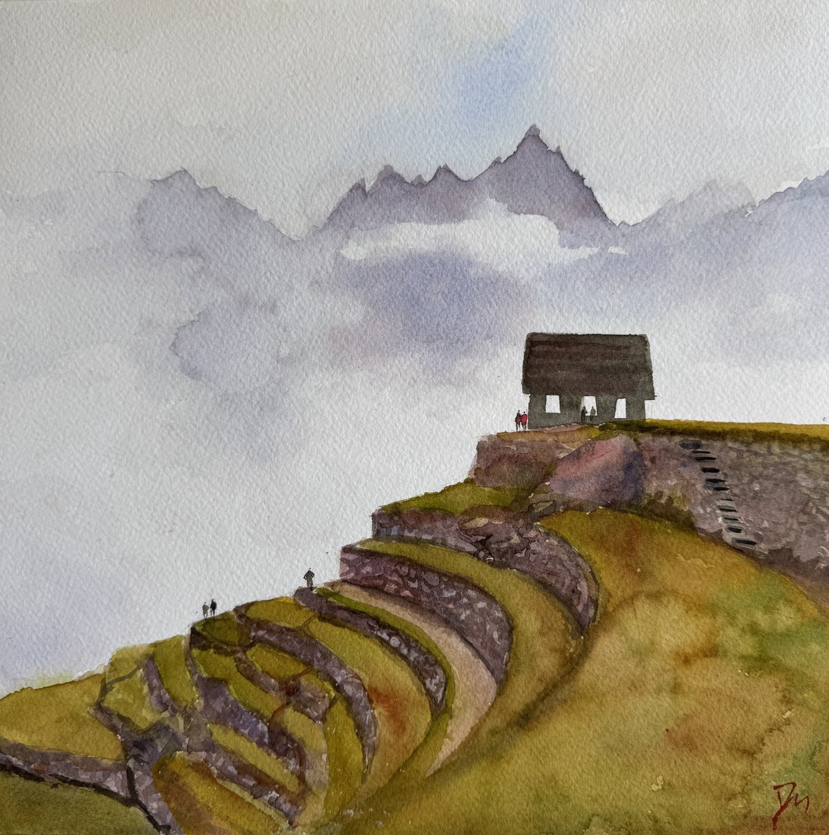 Impressionistic Cityscapes Watercolour By Shelly Du, 12 X 12", Machu Picchu, Original Artwork