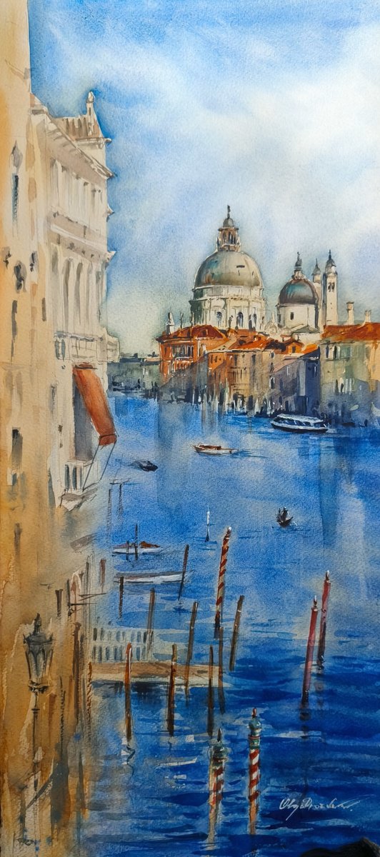 Impressionistic Cityscapes Watercolour By Olga Drozdova, 10 X 22", View Of Grand Canal Venice, Original Artwork