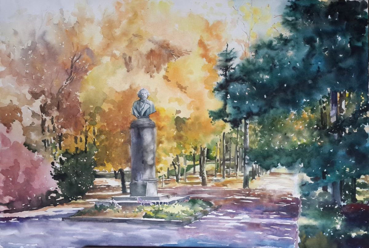 Impressionistic Cityscapes Watercolour By Yurii Pashkov, 36 X 25", Monument To Ilya Repin, Original Artwork