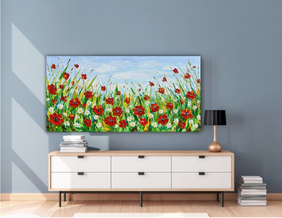 Poppies and Daisies - Wildflower Meadow Palette Knife Painting