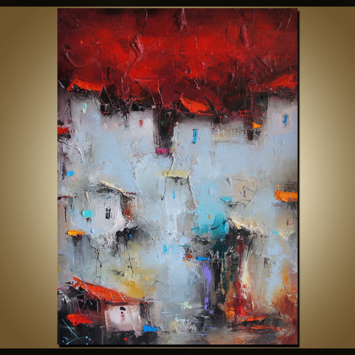 Abstract Landscape Oil Painting By Stanislav Lazarov, 20 X 28", A Story About The Red Sky, Original Artwork