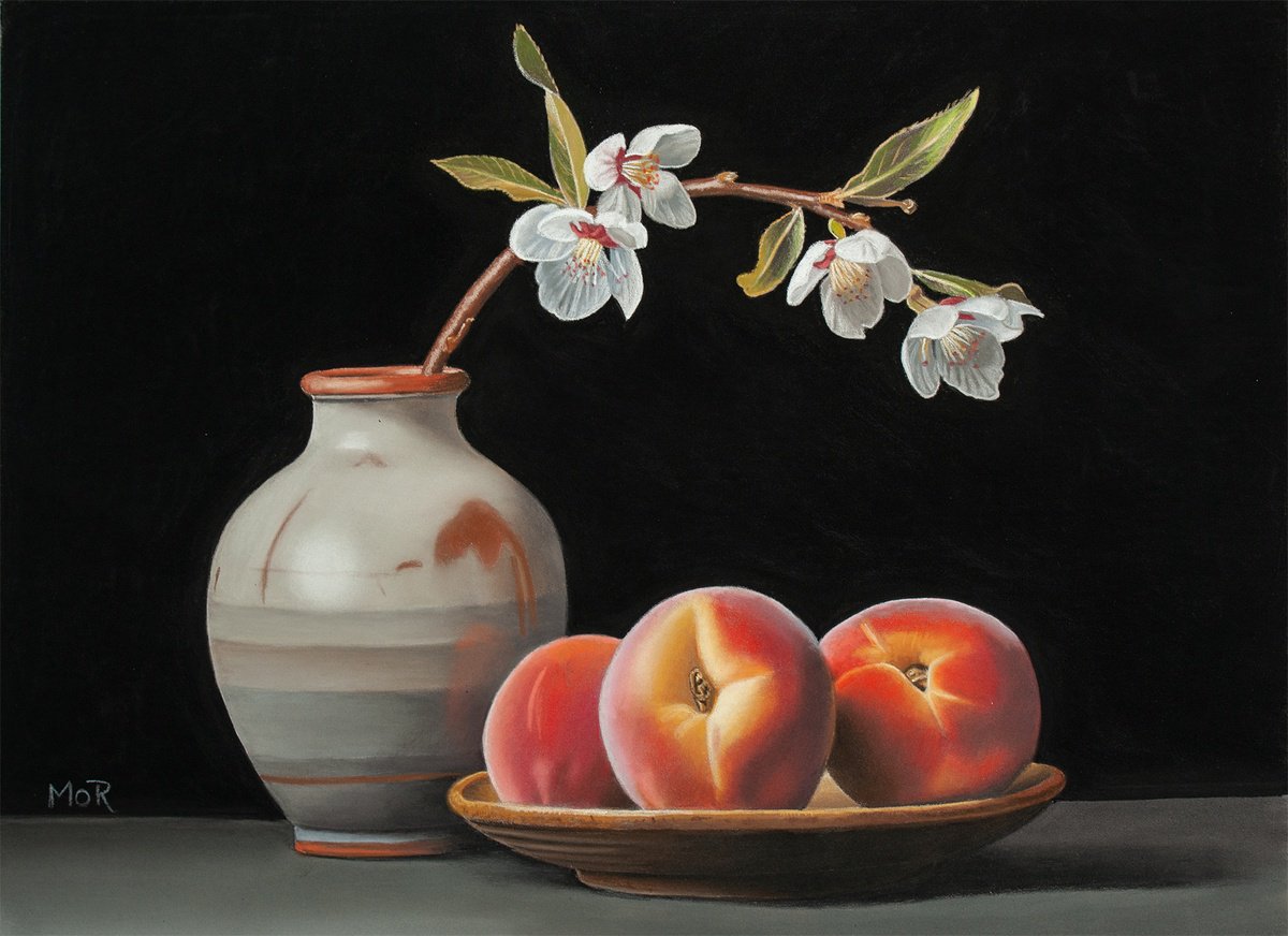Photorealistic Still Life Pastel Drawing By Dietrich Moravec, 16 X 12, Peaches And Blossoms, Original Artwork