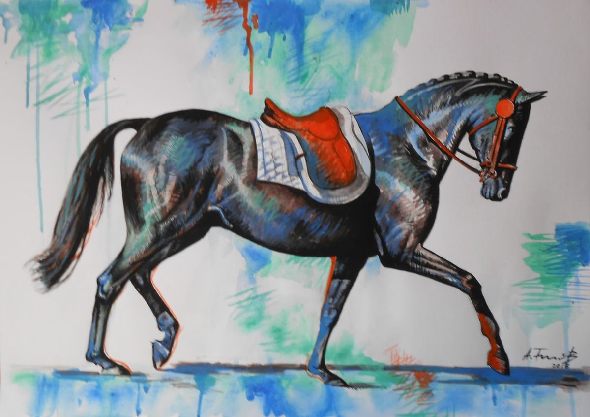 Photorealistic Animal Acrylic Painting By Alexander Titorenkov, 28 X 20, Horse With Red Saddle, Original Artwork