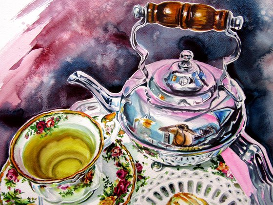 Still life with tea set in the garden