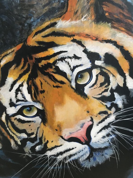 Tiger in blue water, large artwork