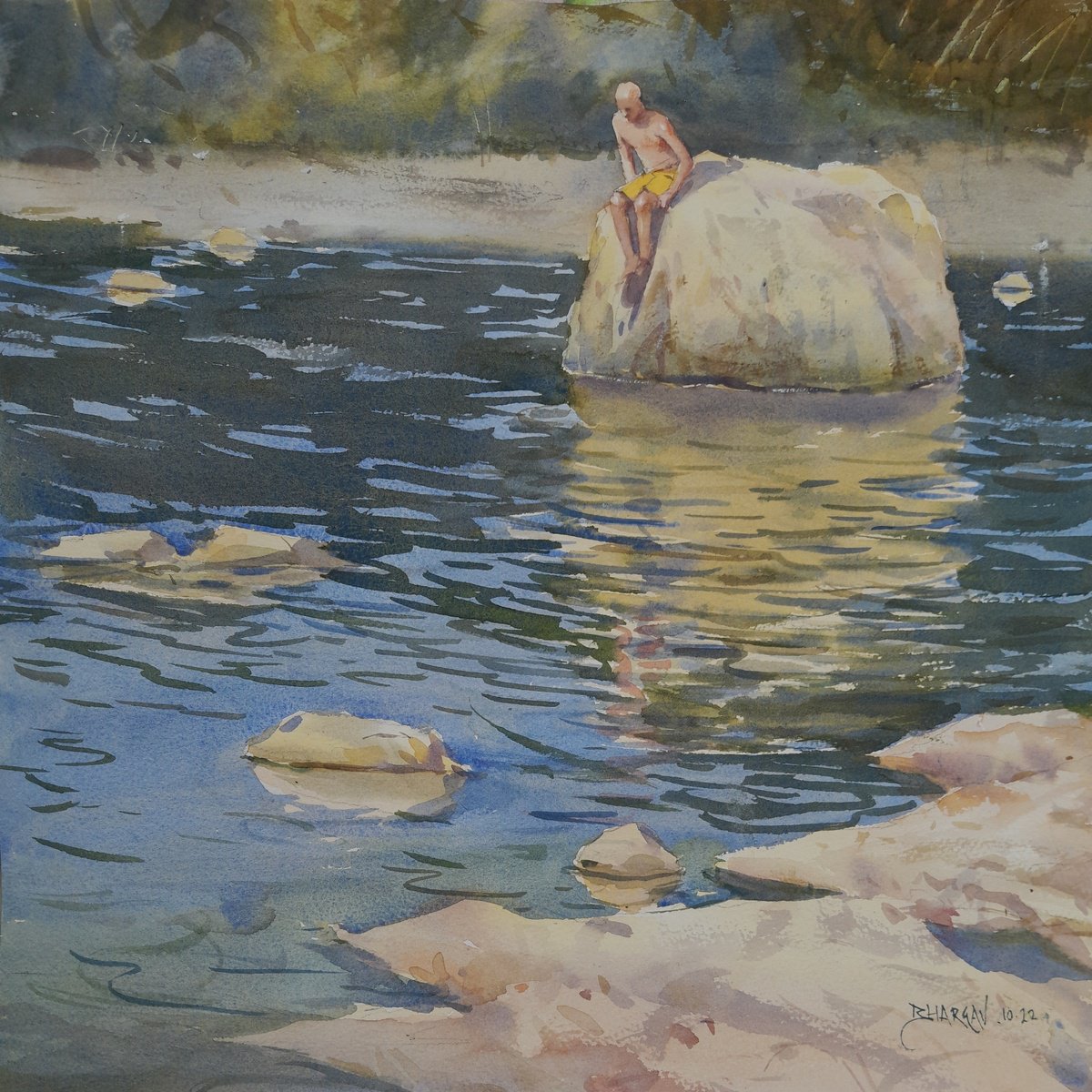 Impressionistic Landscape Watercolour By Bhargavkumar Kulkarni, 15 X 15, Sunny Day At River, Original Artwork