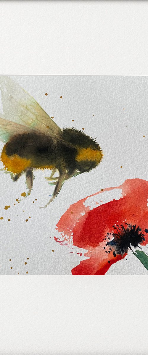 Bee visiting red poppy flower by Teresa Tanner