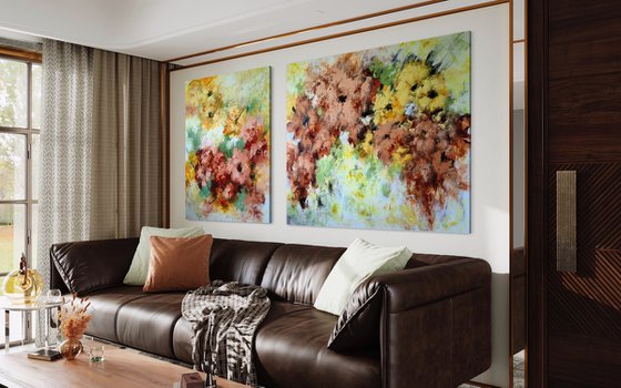 "Enchanted Blooms III" Diptych from "Colours of Summer" collection, XXL abstract flower painting