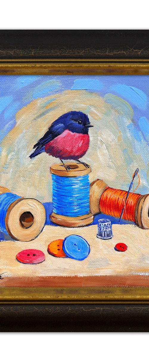 Pink Robin and thread spools by Irina Redine