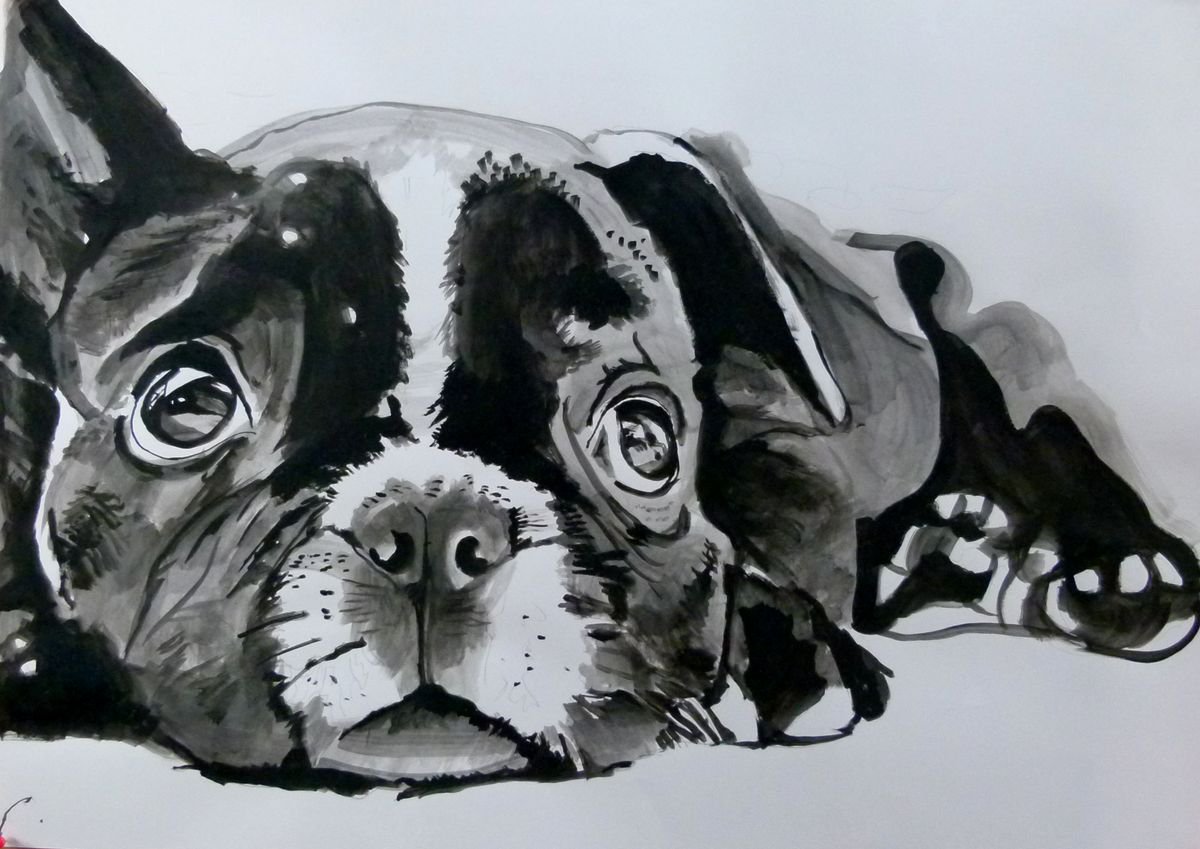 Photorealistic Animal Acrylic Painting By Soso Kumsiashvili, 33 X 24", Bulldog, Original Artwork