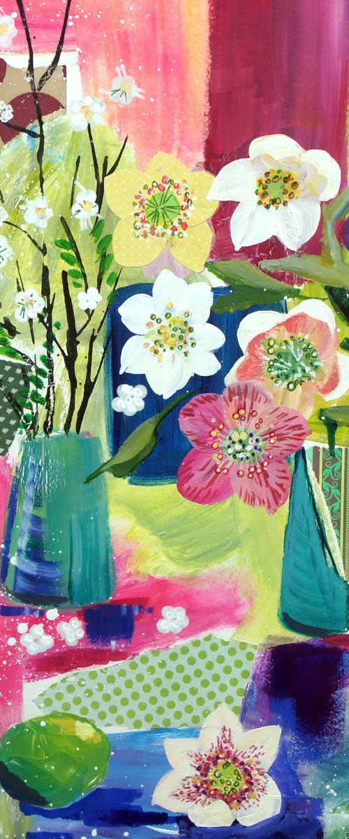 Hellebores and Blackthorn with citrus fruits by Julia  Rigby
