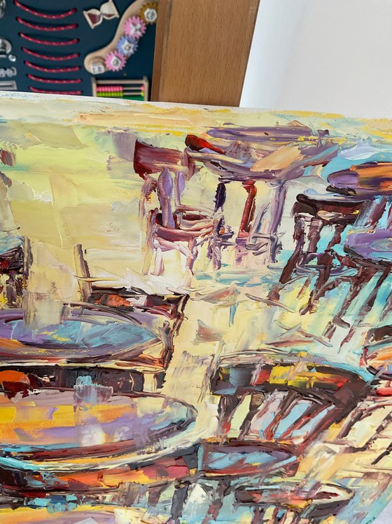 Outside cafe after rain. Pastel mood