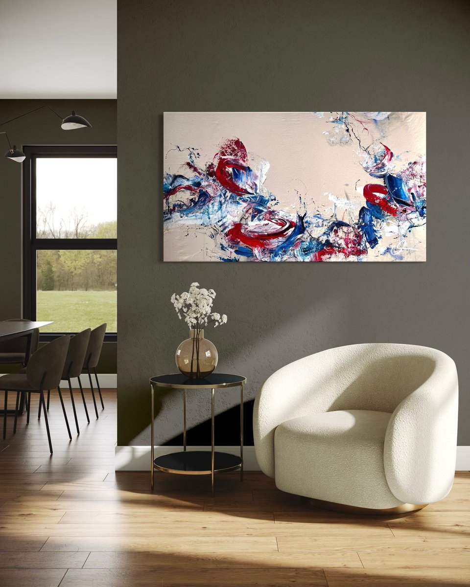 Expressive Abstract Acrylic Painting By Maria Bevilacqua-Fischer, 55 X 31", Dance Of The Elements Iii, Original Artwork