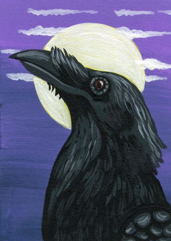 ACEO ATC Original Miniature Painting Crow Raven Bird Wildlife Art-Carla Smale