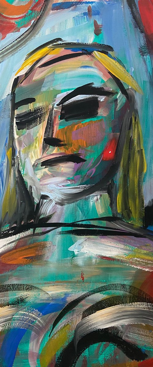 ATHENA - portrait, woman, blond woman, strong, bold, big painting, for her by Yulia Ani