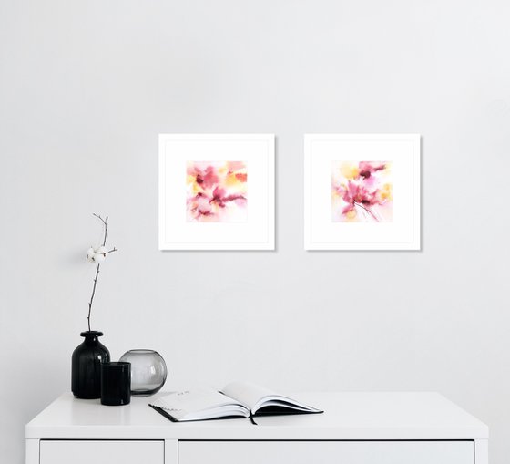 Pink flowers. Small watercolor floral painting set of 2