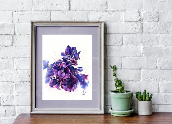 "Dark Purple Hydrangea" watercolour floral artwork